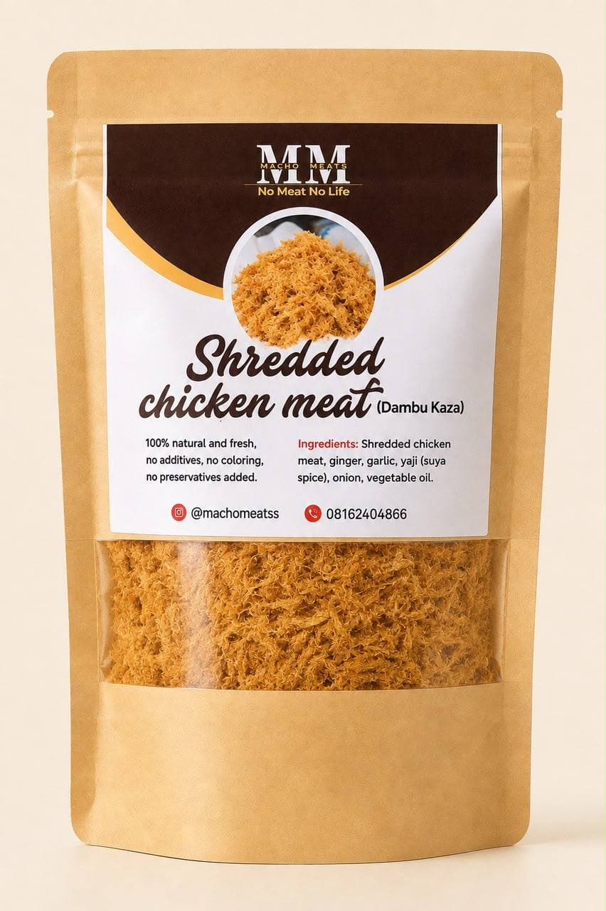 Shredded chicken dambu kaza pouch, styled on kraft